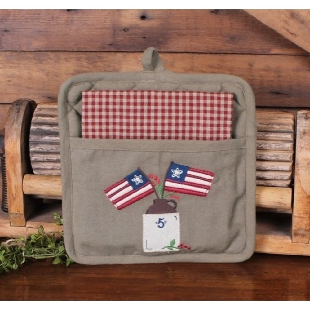 Primitive American Flag & Crock Pocket Potholder & Linen Towel‎ Set New